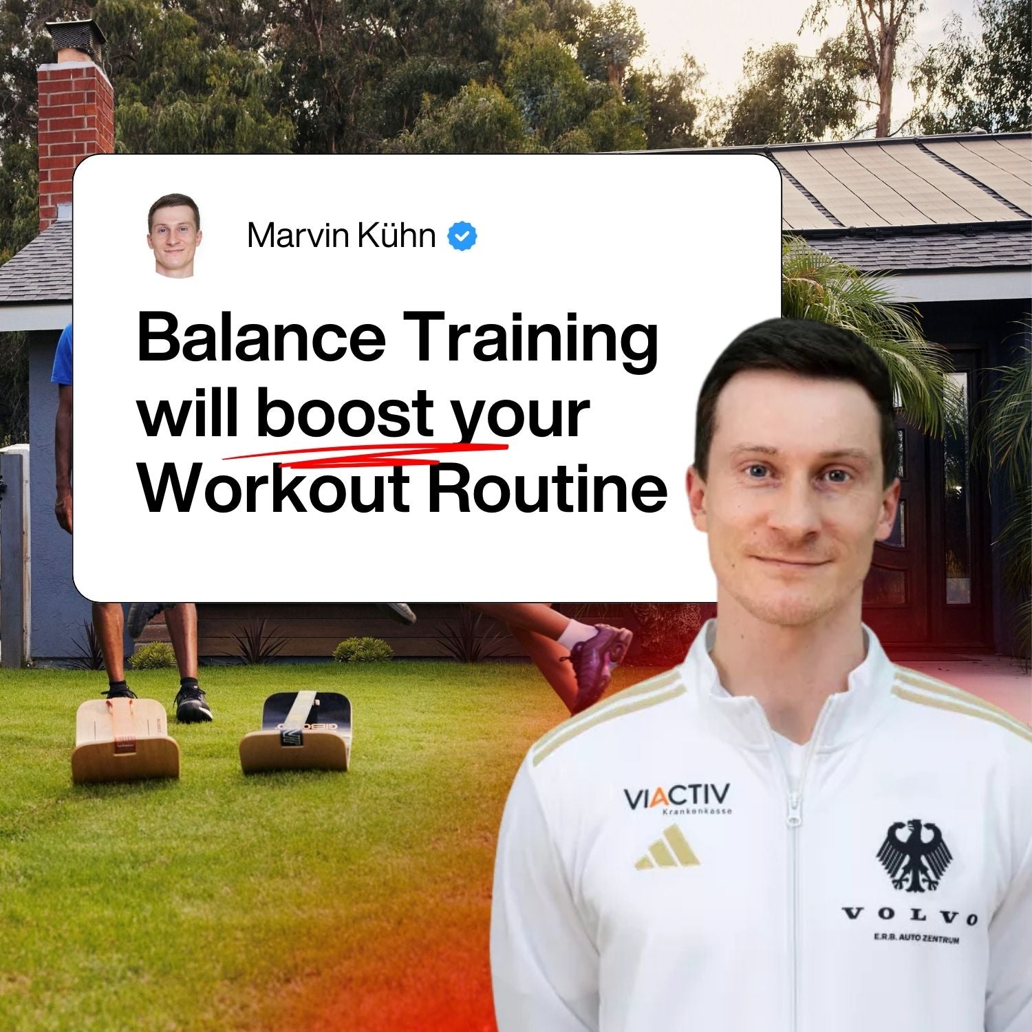 Person in a white jacket with logos standing in front of a text overlay about balance training.