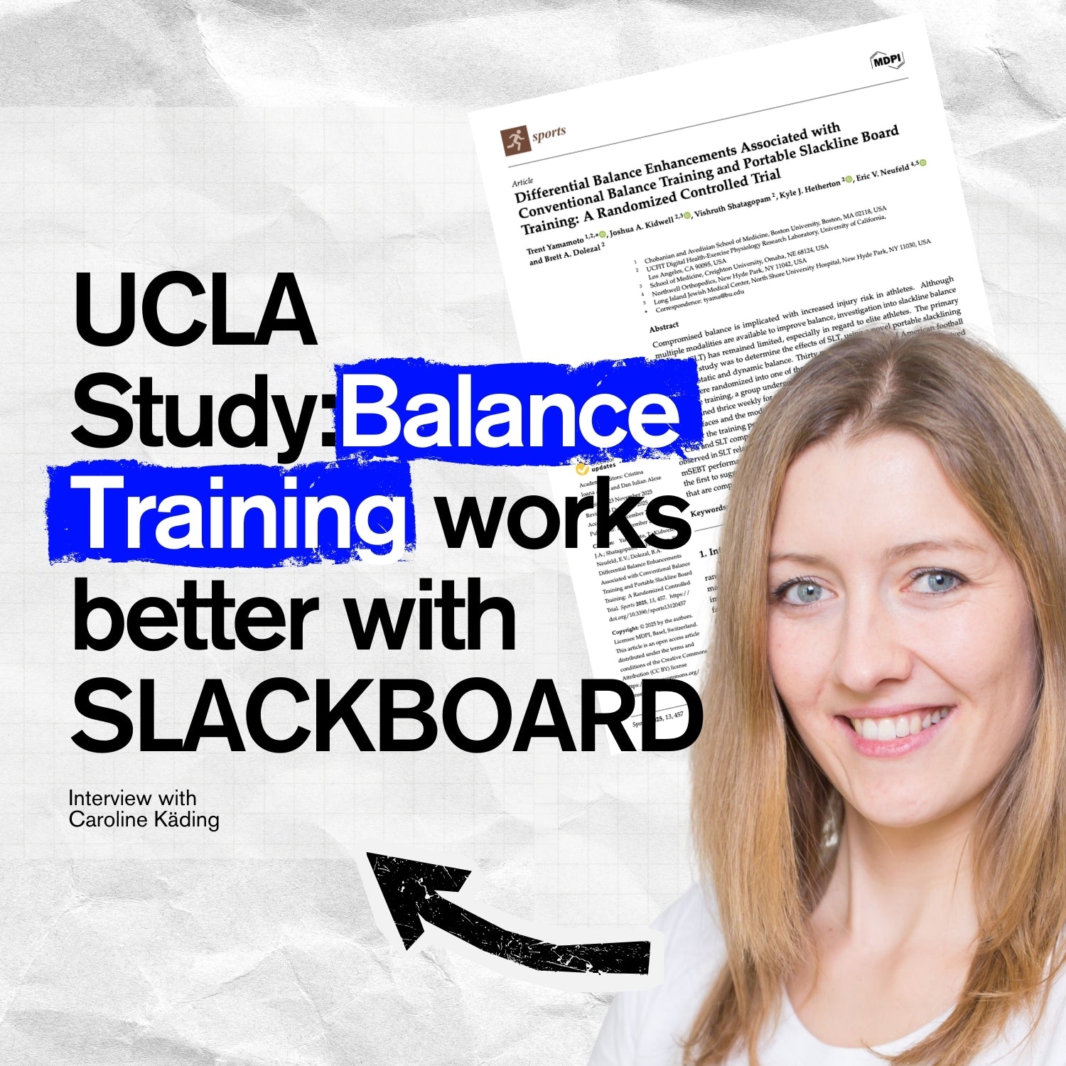 Promotional graphic for UCLA study on balance training with Slackboard, featuring a woman's face and text overlay.