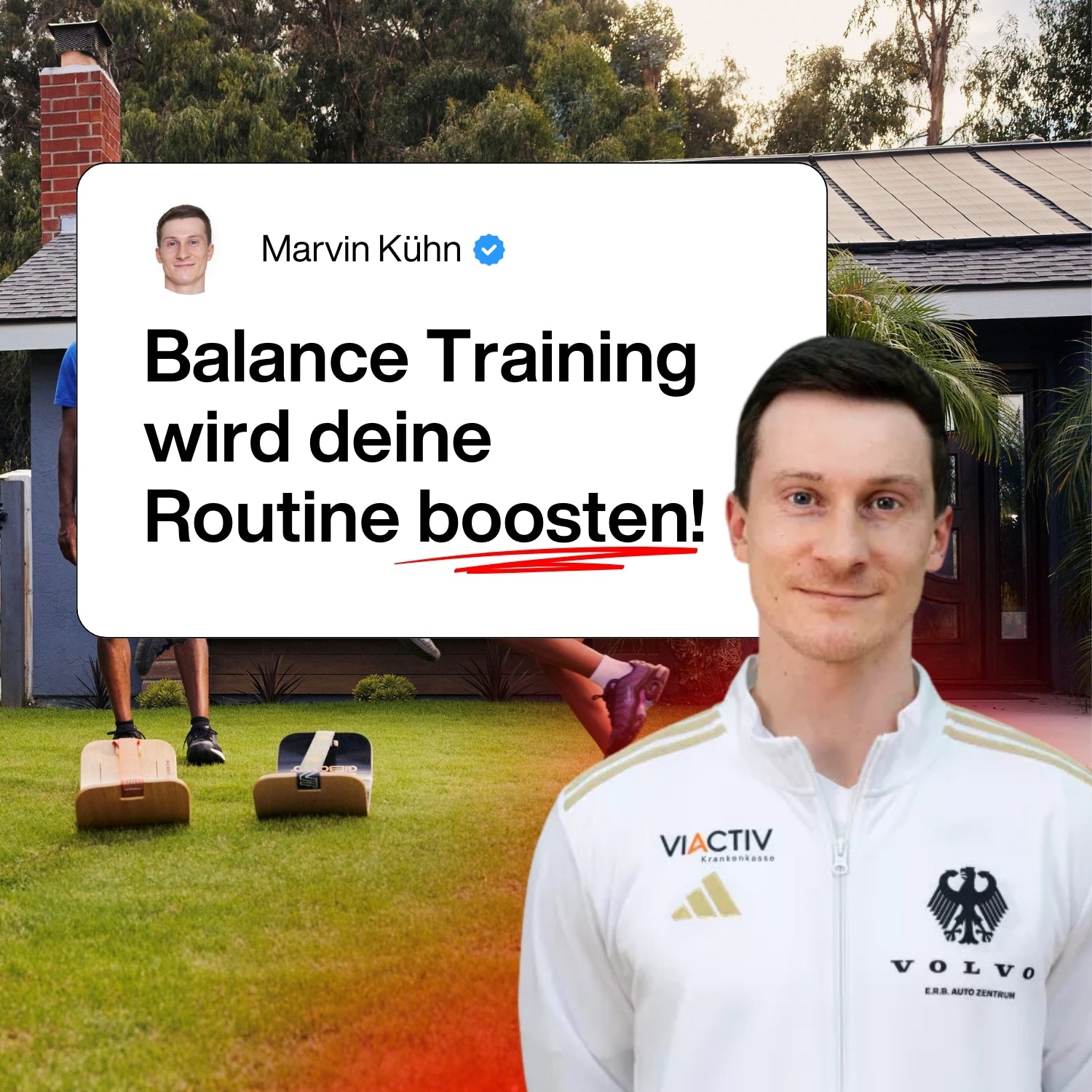 Person in a white jacket with logos on a grassy area, with text about balance training.