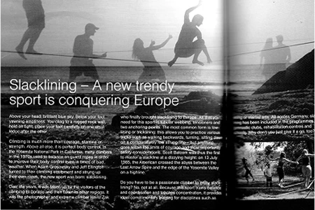 Magazine spread about slacklining in Europe (desktop)