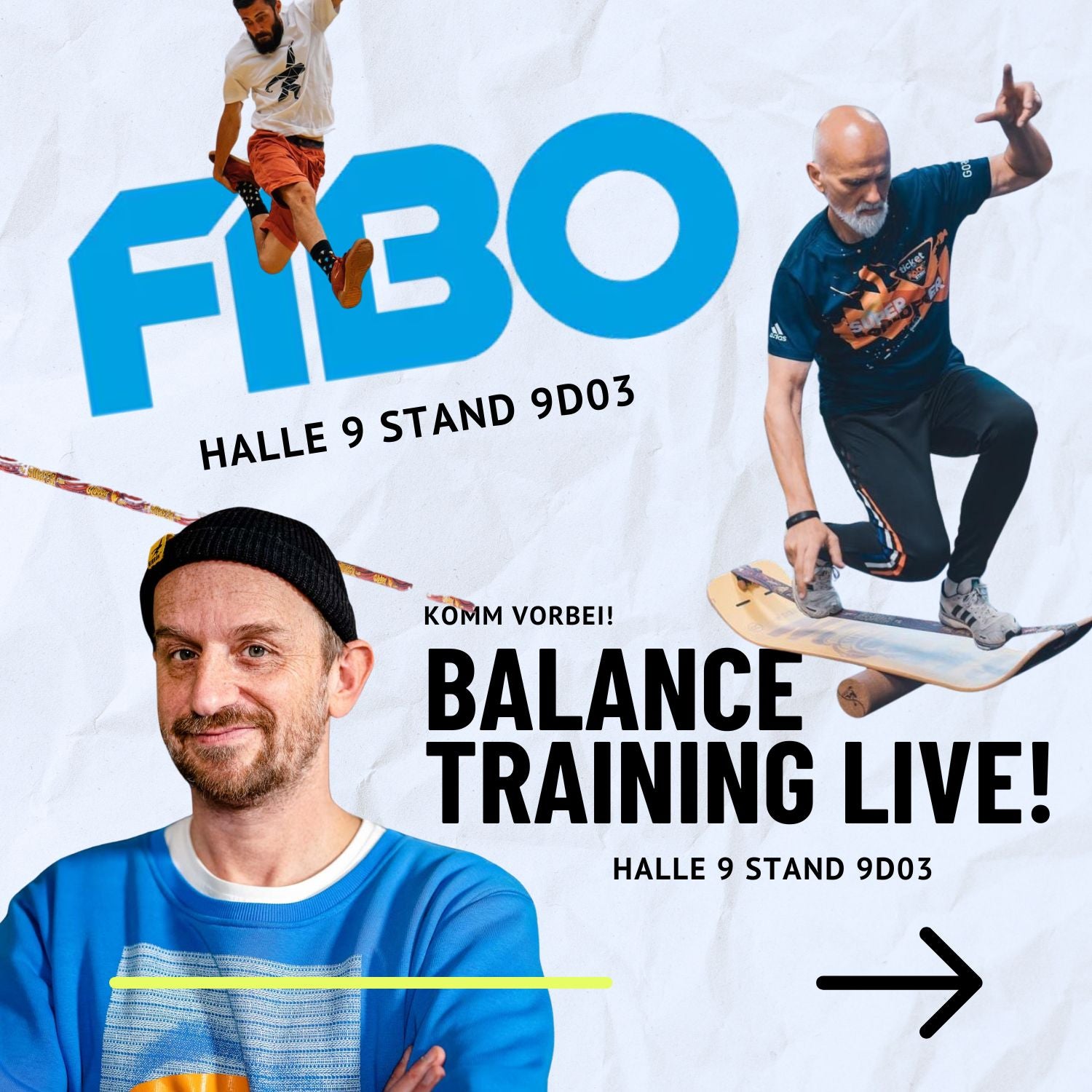 Promotional poster for FIBO event with people balance training, featuring the brand name 'FIBO' and event details.