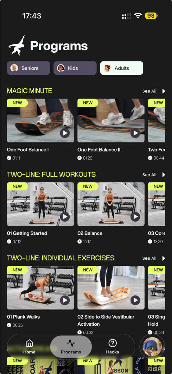 GIBBON Balance App programs screen
